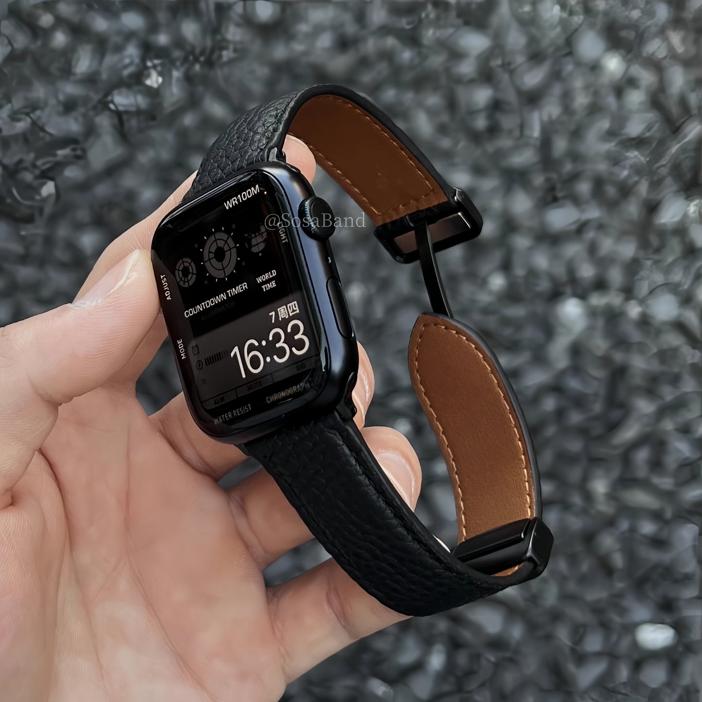 Premium lychee grain leather strap for Apple Watch.