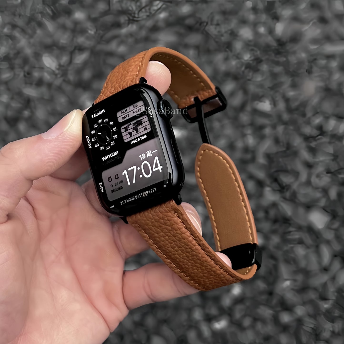 Premium lychee grain leather strap for Apple Watch.